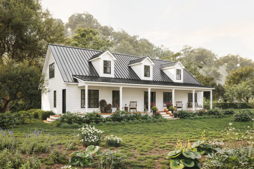 Zook Cabins white farmhouse with metal roof and covered front porch surrounded by gardens
