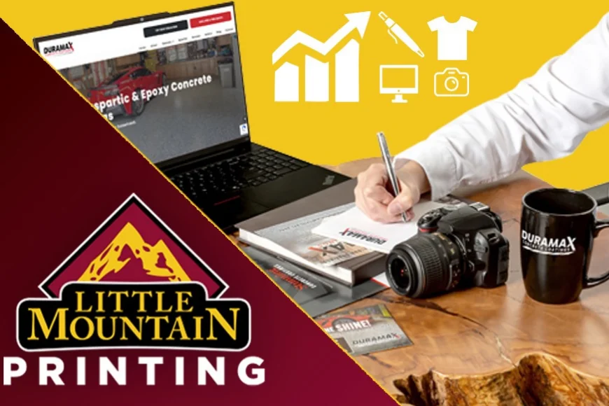 Little Mountain Printing brand collage in Lancaster, PA, showing a design and print workspace with a laptop, camera, and branded mug alongside the company logo