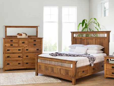 Peaceful Valley Furniture bedroom set with wood bed frame, dresser, and mirror, Lancaster County Amish craftsmanship