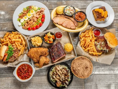 BBQ smoked meats and sides spread from Smokehouse at Plain and Fancy Farm in Lancaster County PA