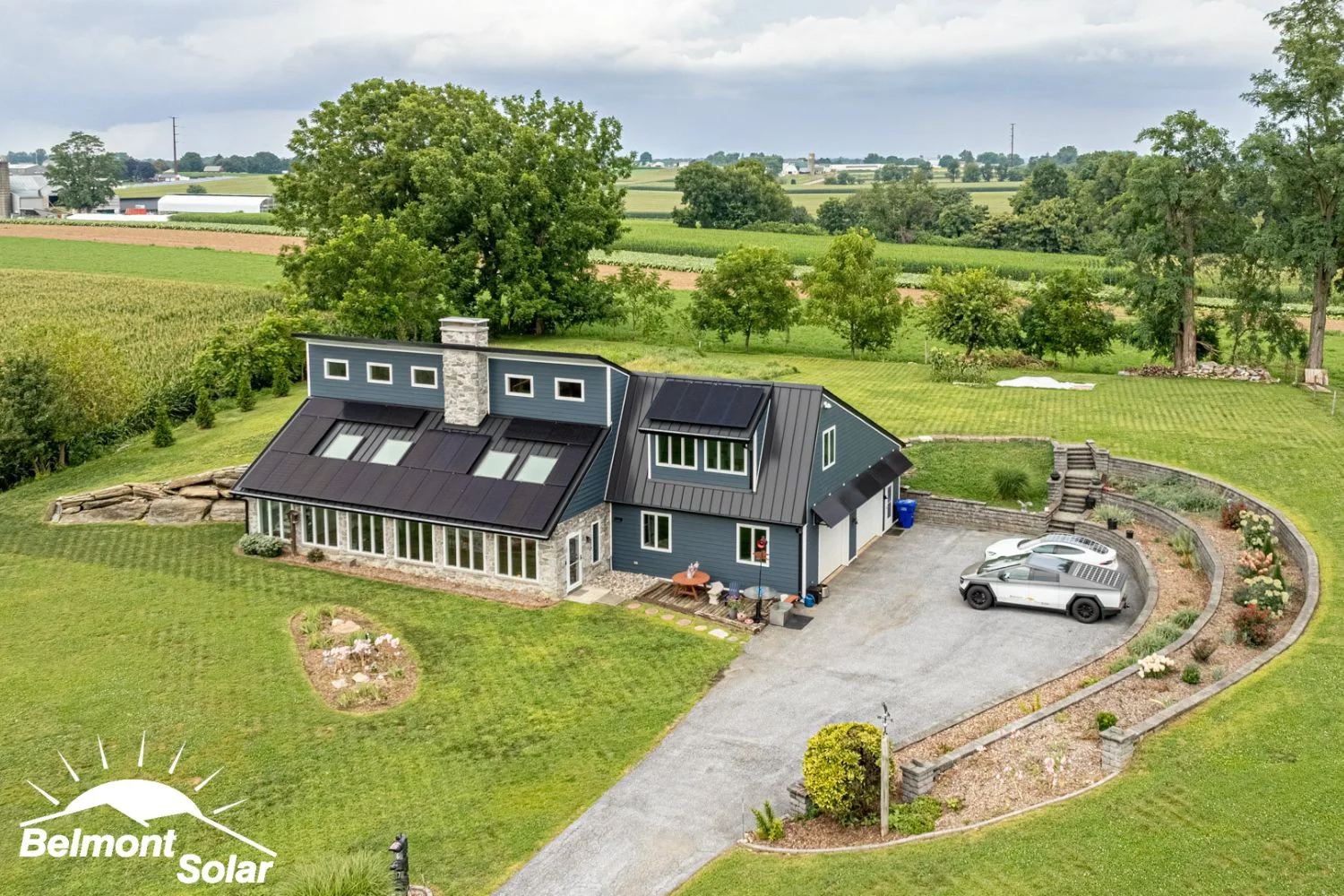 Aerial view of home with solar panel roof installation by Belmont Solar in Lancaster County PA