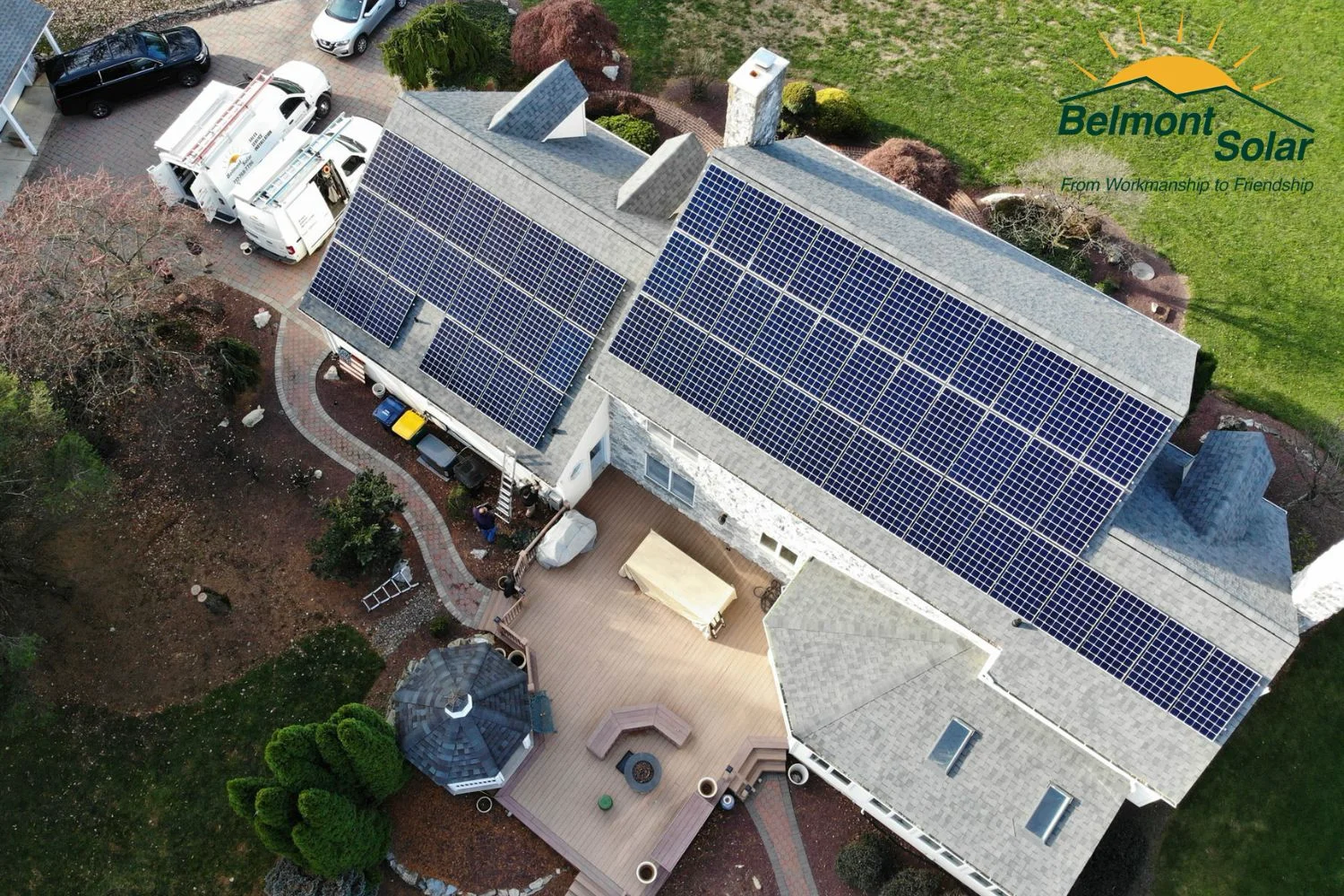 Aerial view of full roof solar panel installation by Belmont Solar in Lancaster County PA