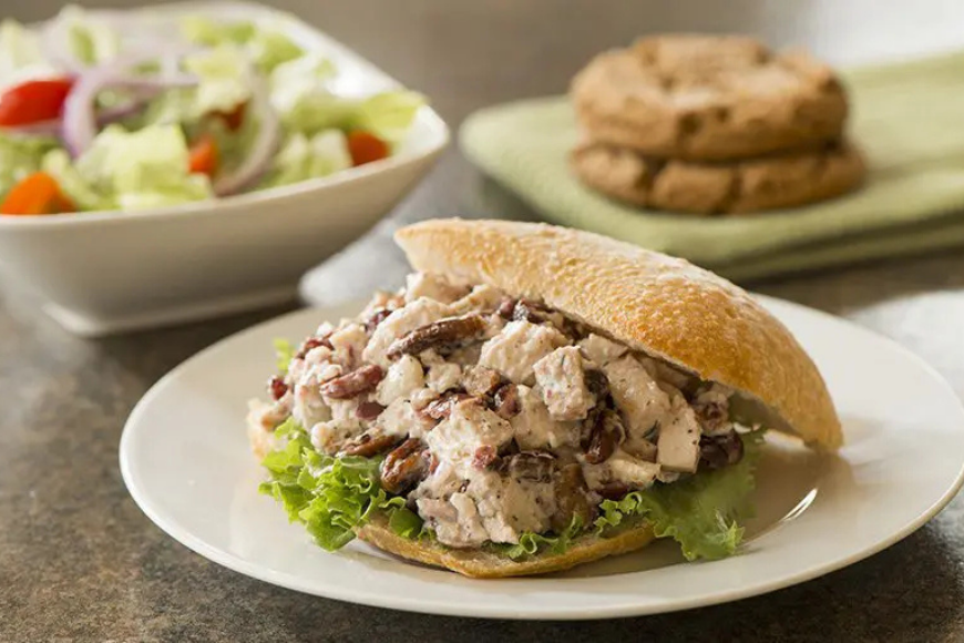 Chicken salad sandwich with pecans on a roll at Bird-in-Hand Bakery and Cafe Lancaster PA