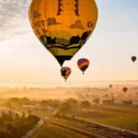 Hot air balloons over Lancaster County farmland, Bird-in-Hand PA balloon festival