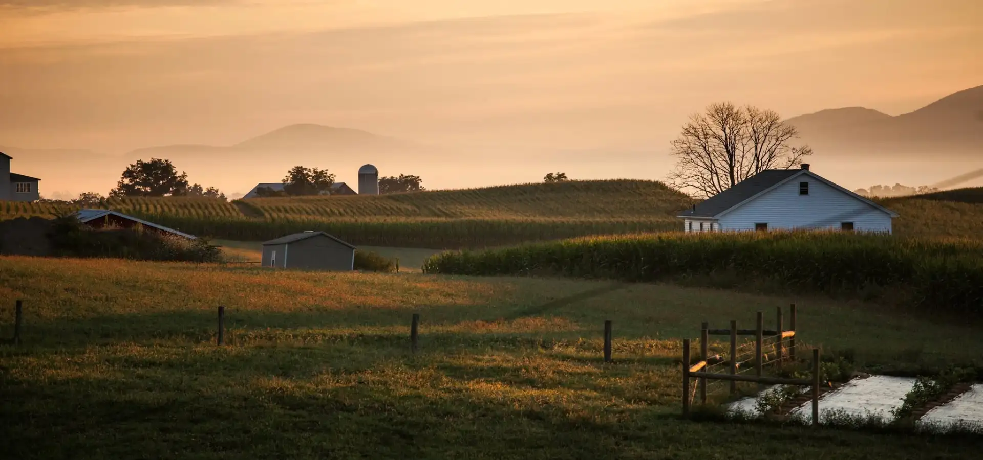 Farmhouse and misty cornfields at sunrise near Bird-in-Hand, PA, with a fenced pasture and rolling hills in the background