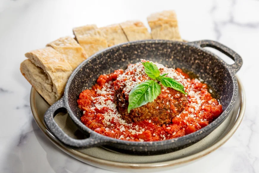 Bistro 2two2 meatball in marinara sauce with parmesan and focaccia bread in Lancaster PA