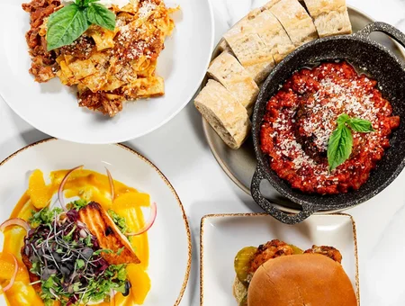 Bistro 2two2 restaurant menu spread with lasagna meatball marinara burger and salad in Lancaster PA