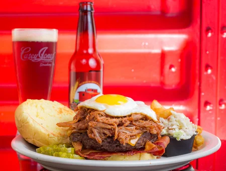 Pulled pork burger with fried egg and beer at Casey Jones Restaurant Lancaster PA