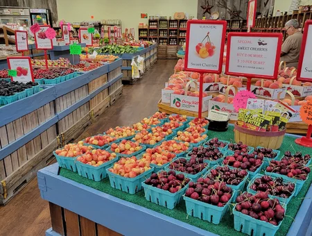 Fresh cherries and stone fruit display at Cherry Hill Orchards farm market Lancaster PA