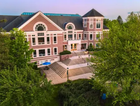 Elizabethtown College aerial view of campus building with turrets in Lancaster PA