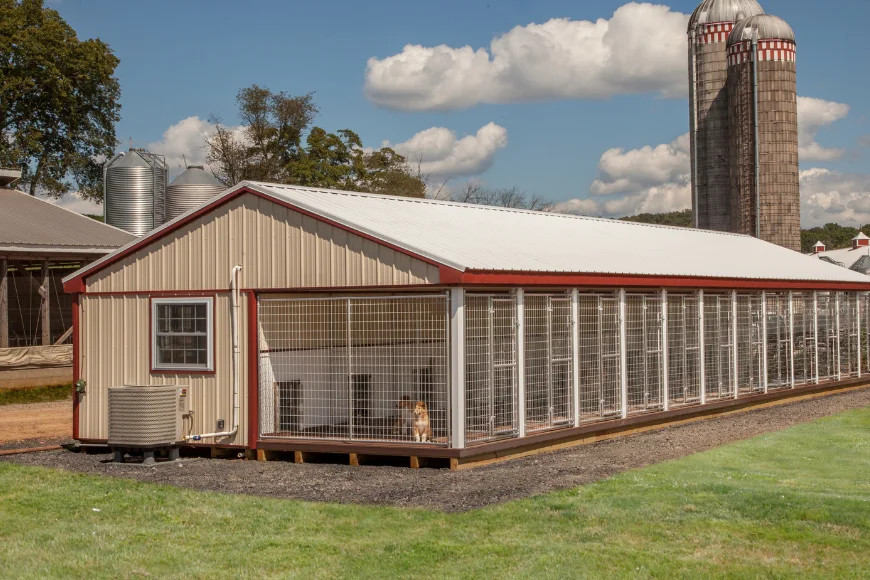 Long dog kennel building with individual runs on a Lancaster County PA farm