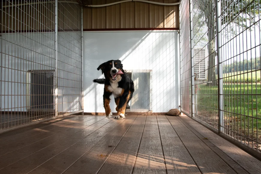 Bernese Mountain Dog playing inside a spacious kennel run from The Dog Kennel Collection in Lancaster County PA