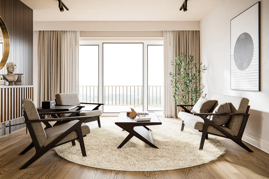 Modern Amish wood lounge chairs and coffee table in living room at DutchCrafters Lancaster PA