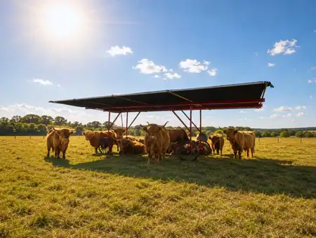 Highland cattle grazing under solar panel shade structure on Lancaster PA farm