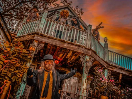 Costumed haunted house actors on porch at Field of Screams in Lancaster PA