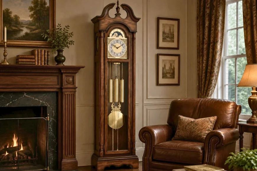 Grandfather clock with moon phase dial near a fireplace and leather armchair