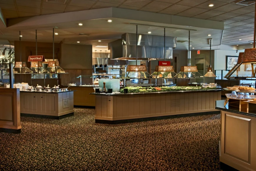 Soup and salad buffet stations at Miller's Smorgasbord, Lancaster PA