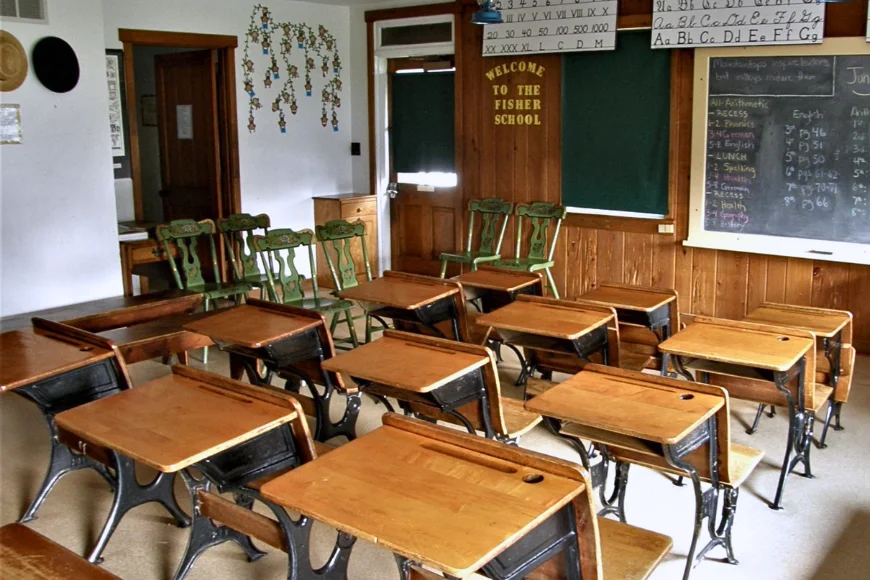 Fisher School classroom desks and chalkboard at Amish Country Homestead, Lancaster PA