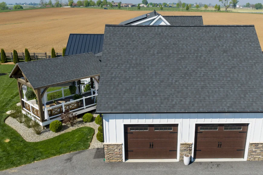 Aerial view of a new gray shingle roof on a garage installed by Edge View Roofing in Lancaster County PA