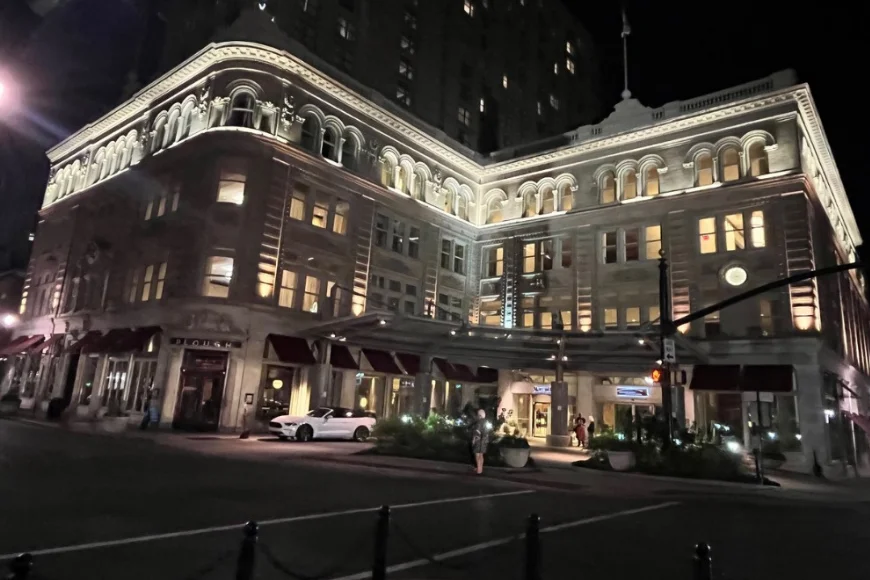 Historic building lit up at night on a Ghost Tours of Lancaster PA route
