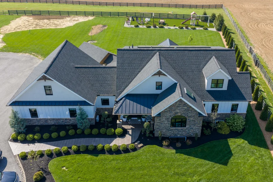 Aerial view of a complex multi gable roof on a large home installed by Edge View Roofing in Lancaster County PA