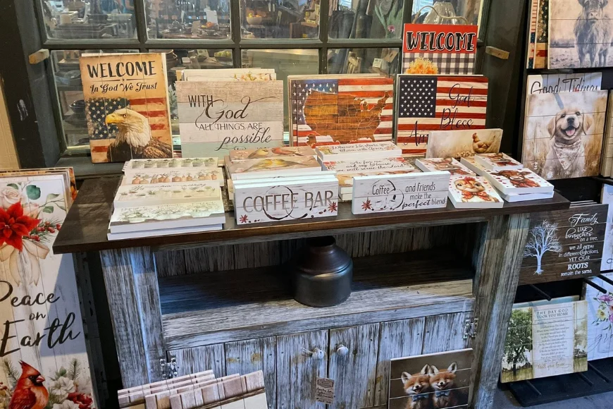 Wooden sign display with patriotic and farmhouse decor at Creative Rustic Furniture in Lancaster PA