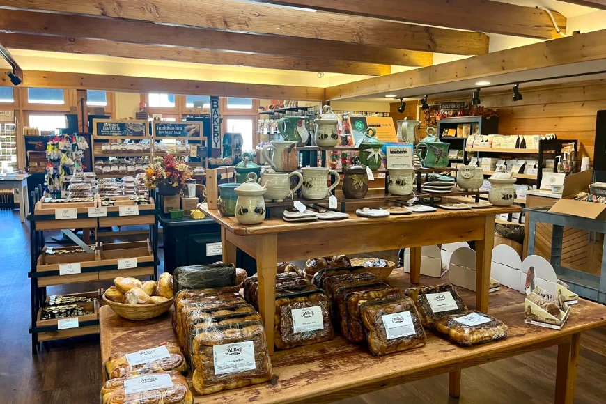 Fresh baked bread and pottery display at Locally Made Food Shop, Lancaster PA