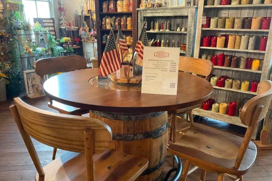 Round barrel table with chairs at Creative Rustic Furniture in Lancaster PA