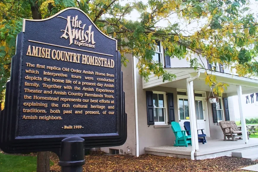 Historic marker and homestead entrance at Amish Country Homestead, Lancaster PA