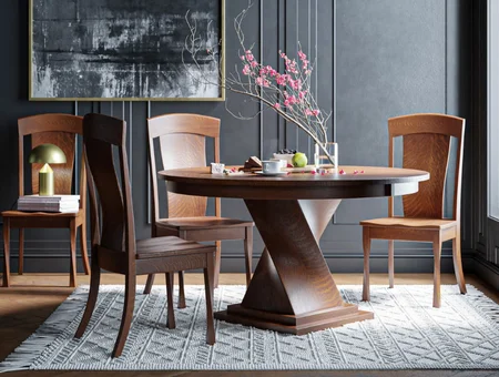 Gish's Furniture round dining table with sculpted base and wood chairs, Lancaster PA craftsmanship