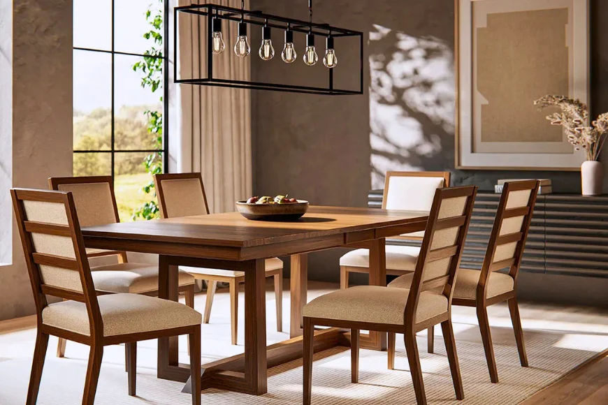 Gish's Furniture dining table with upholstered chairs and industrial pendant light, Lancaster PA craftsmanship