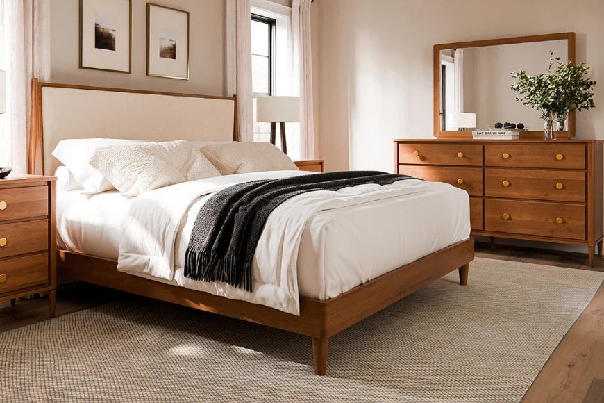 Wood bed frame with upholstered headboard and dresser at Gish's Furniture in Lancaster PA