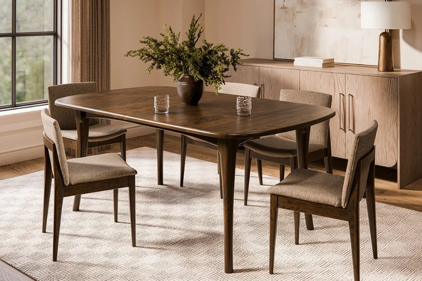Wood dining table with upholstered chairs at Gish's Furniture in Lancaster PA