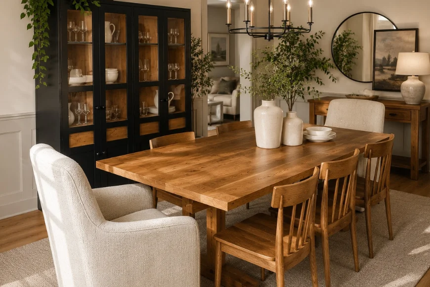 Wood dining table with mixed seating and china cabinet at Gish's Furniture in Lancaster PA