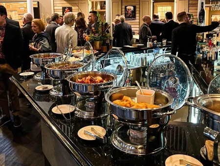 Catering buffet with chafing dishes and guests at Greenfield Restaurant Lancaster PA
