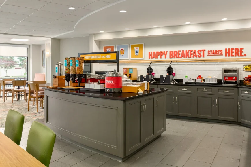 Free hot breakfast buffet with waffle station at Hampton Inn Lancaster PA