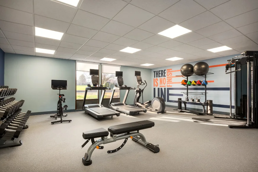 Fitness center with treadmills and free weights at Hampton Inn Lancaster PA