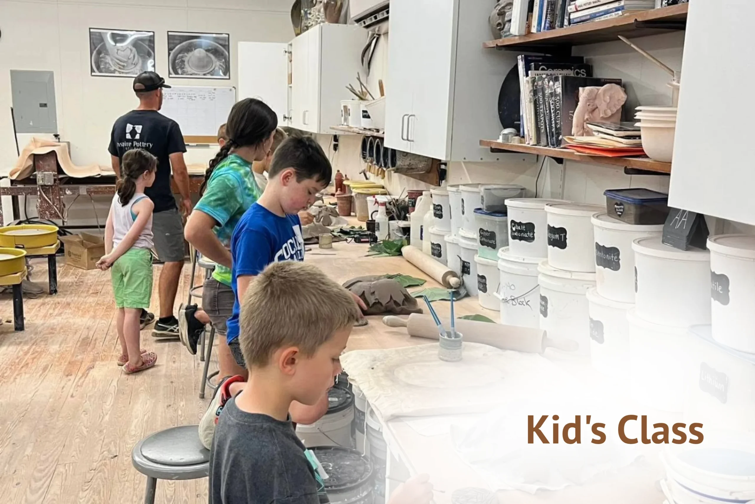 Kids hand building clay pottery projects at Inspire Pottery Studio in Lancaster, Pennsylvania
