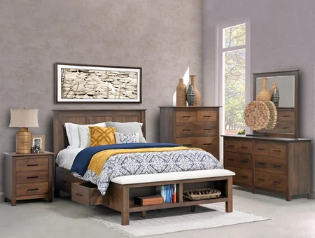 Solid wood bedroom set with bed, dresser, and mirror by Kings Amish Furniture
