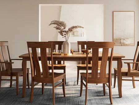 Wood dining table with six chairs and decorative centerpiece, Kings Amish Furniture