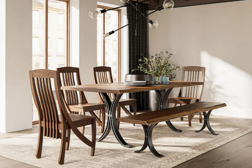 Live-edge wood dining table with matching bench and chairs in a modern dining room
