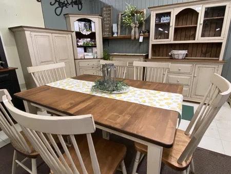 Painted farmhouse dining set with matching hutch and cabinet at King's Home Furnishings