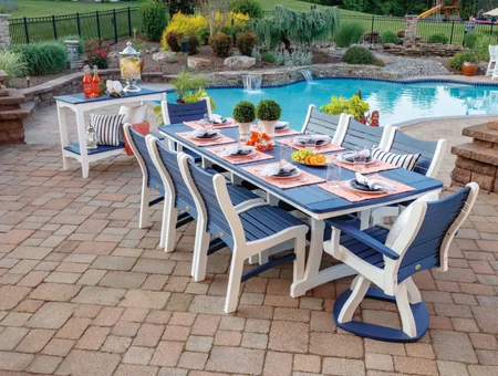 Kings Impressions outdoor patio dining furniture set beside pool on paver patio in Lancaster PA