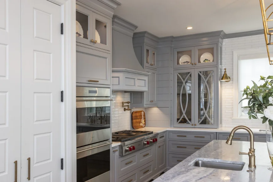 Custom gray kitchen cabinets and range by Kitchenview Custom Cabinets, Lancaster PA