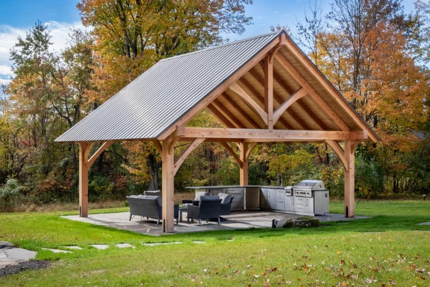Timber frame outdoor pavilion with built in kitchen in a Lancaster County PA backyard