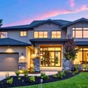 Modern two story home at dusk with newly landscaped front yard in Lancaster County PA