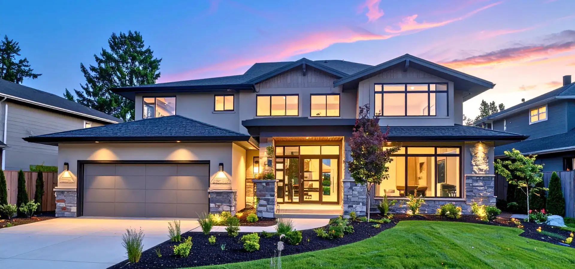 Modern two story home at dusk with newly landscaped front yard in Lancaster County PA
