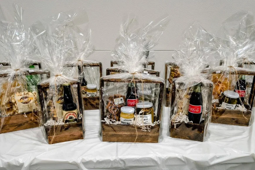 Wrapped gift baskets with local goods at Lapp's Farm Market in Lancaster PA