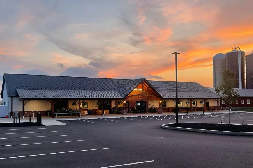 Lapp's Farm Market building exterior at sunset in Lancaster PA