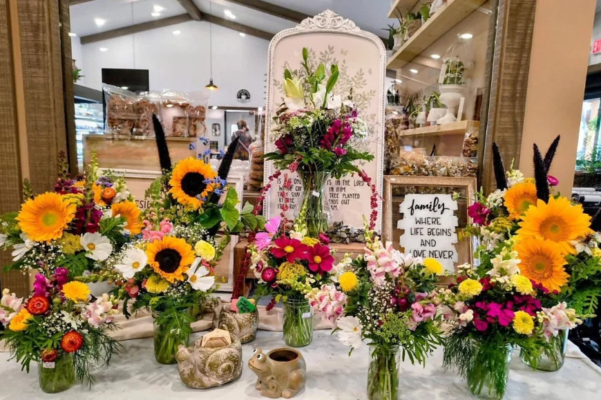 Fresh flower bouquets on display at Lapp's Farm Market in Lancaster PA